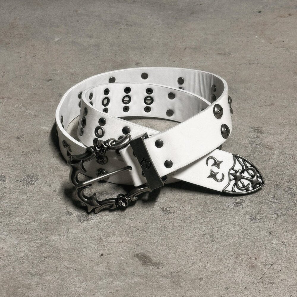 Y2K White Studded Belt – Unisex Punk Grunge Silver Buckle